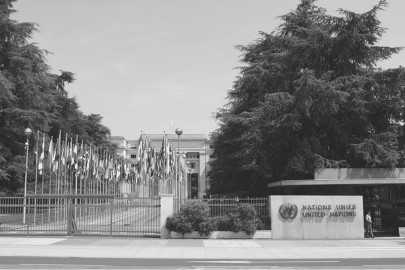 black and white photo of UN Geneva
