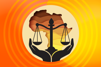 Orange and yellow graphic with a circle in the middle with an icon of hands holding scales of justice in front of a orange and brown outline of Africa
