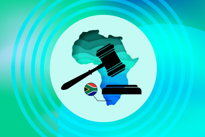 Eradicating Conversion Practices in South Africa: Legal and Policy Approaches cover image in blue with a gavel icon in front of a blue Africa icon