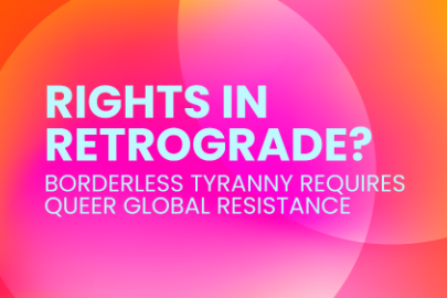 Rights in Retrograde? Borderless Tyranny (white text on pink and orange background)