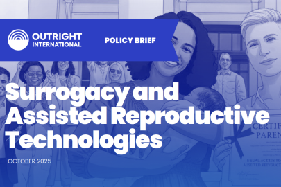 white text on blue background, people holding a child