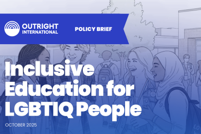 White text on blue background, students talking in a group