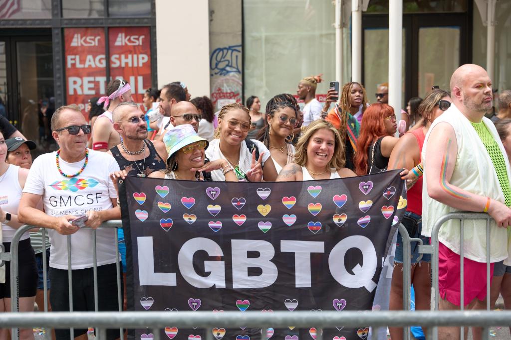 Large group photo of people marching in the street during NY Pride