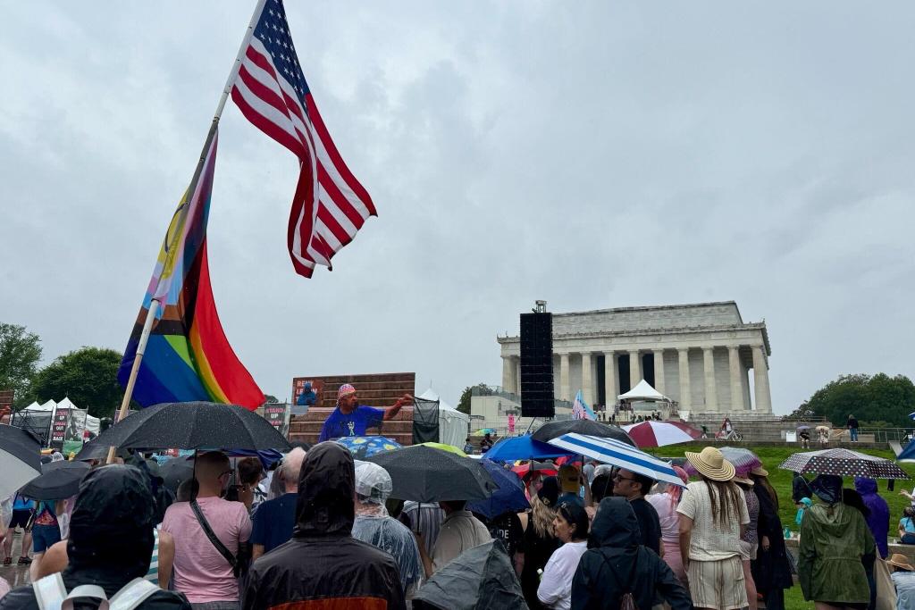 Large group photo of people marching in the street during WorldPride