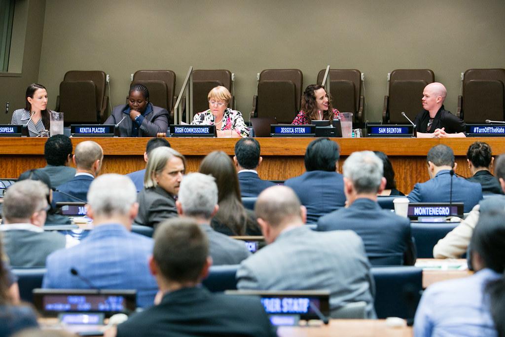 United Nations gathering, many representatives facing away from camera a few, Including former ED Jessica Stern facing forward