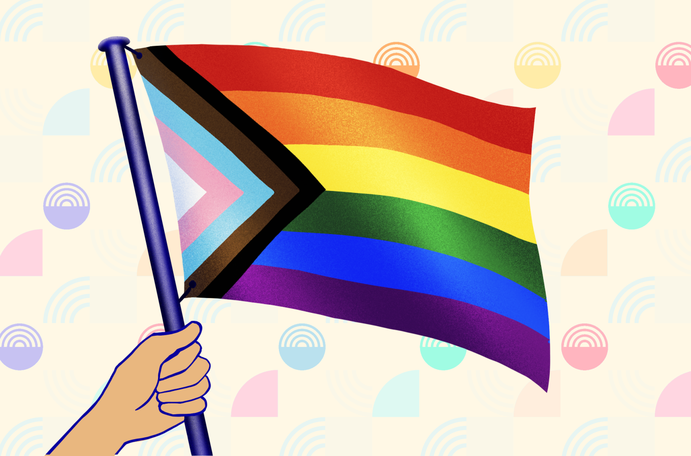 hand holding progress pride flag illustrated