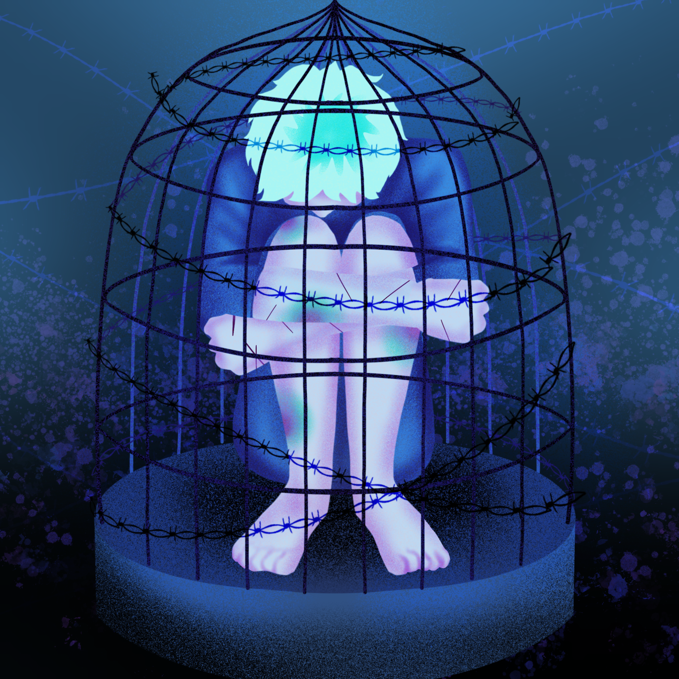 illustration of a person hugging their knees in a bird-like cage
