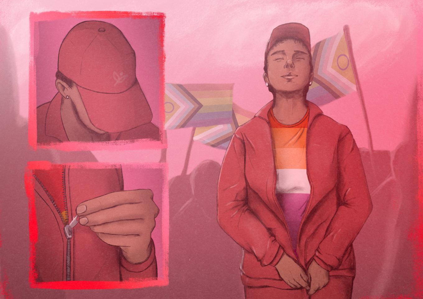 Illustration of a person zipping their jacket to reveal the lesbian flag on their shirt