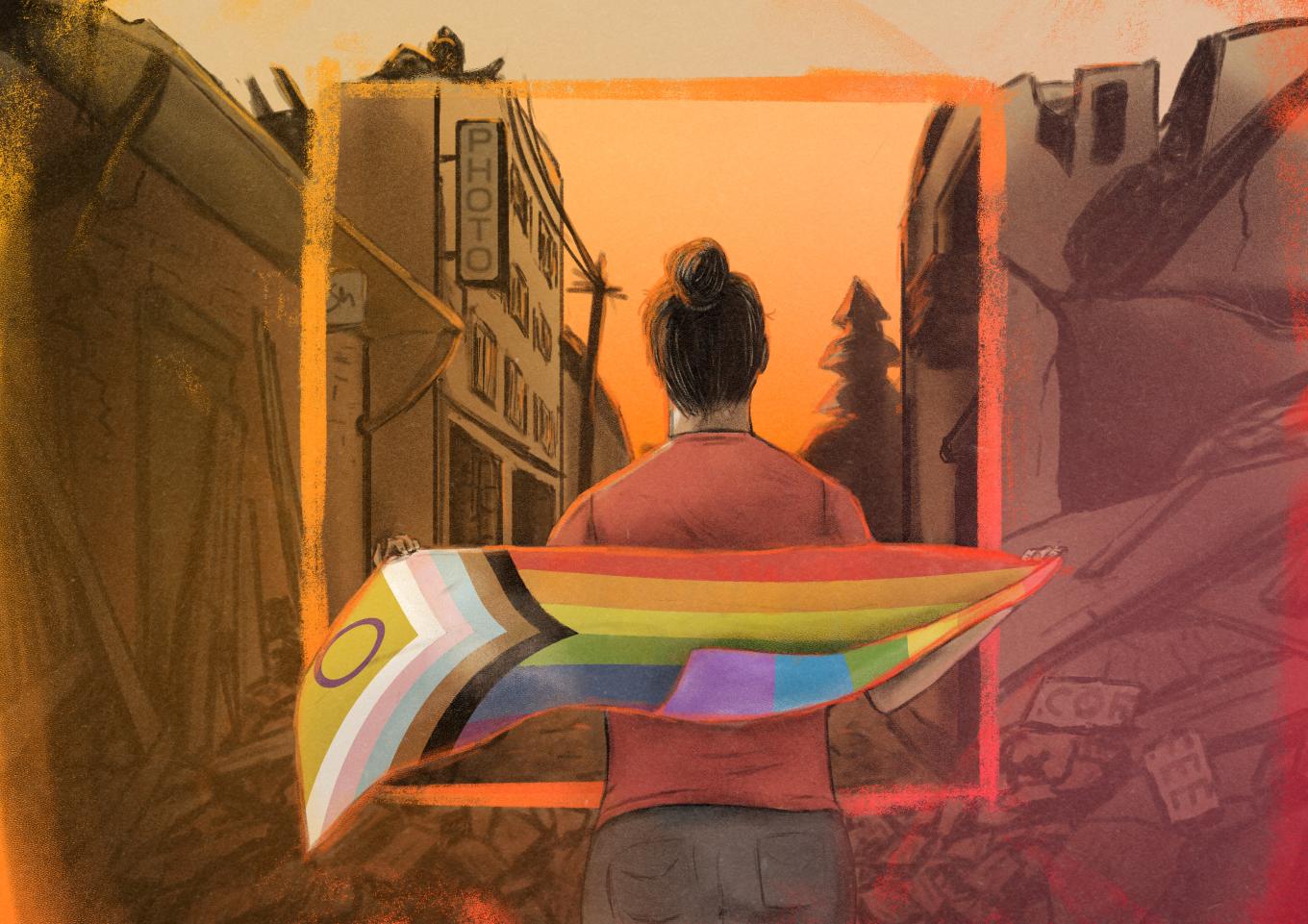 Illlustration of person with back turned holding the progressive Pride flag in front of a destroyed landscape