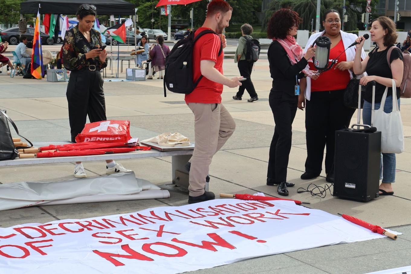 Sex worker activists prepare for a protest outside the UN Human Rights Council in Geneva in June to call for decriminalization and protest the publication of a report that negated their rights and lived experiences.”