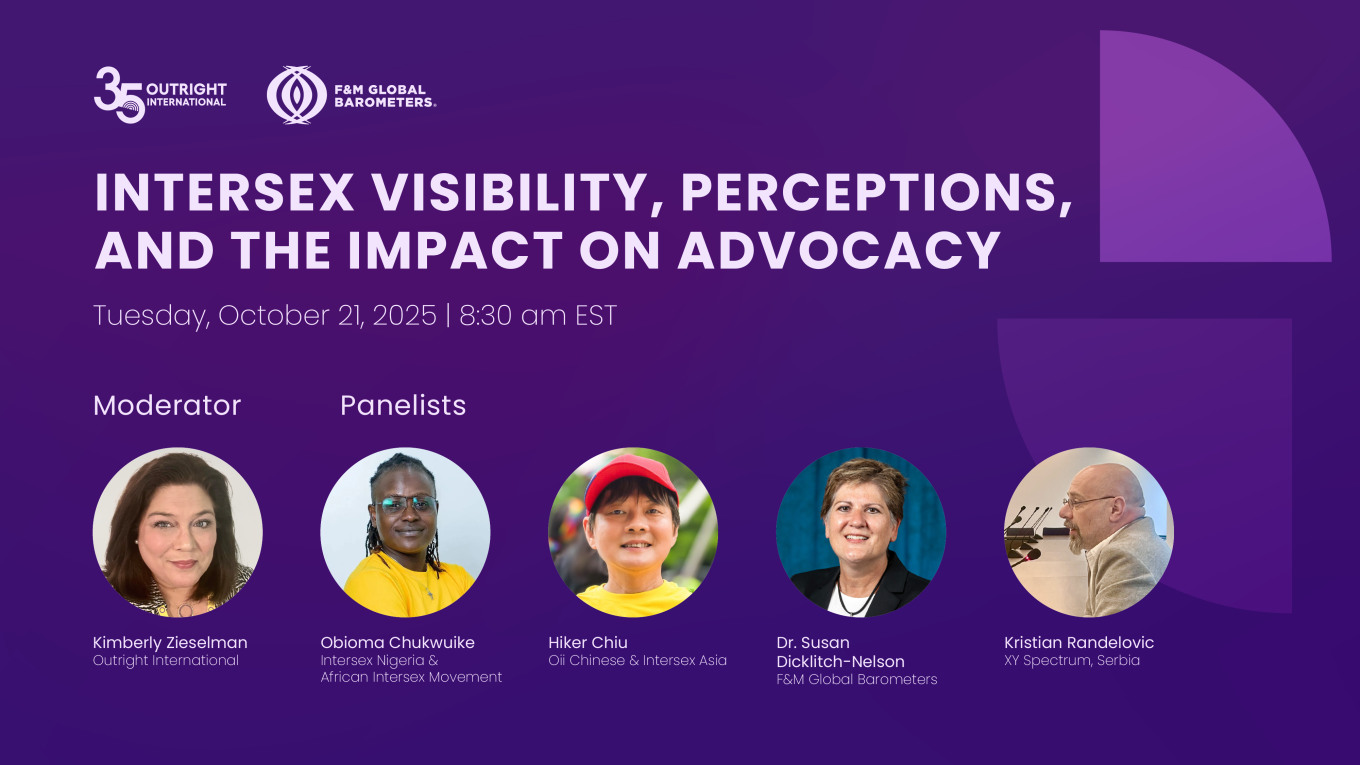 Headshots of speakers and white text on purple background