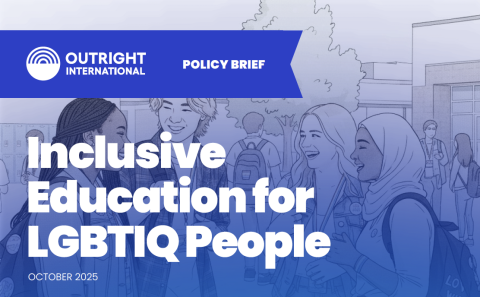 White text on blue background, students talking in a group