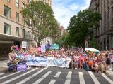 Large group photo of people marching in the street during NY Pride